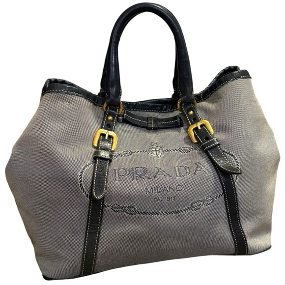 Prada Navy Blue & and Gray Canvas & Leather Tote Satchel Bag with Gold Accents - Picture 1 of 14